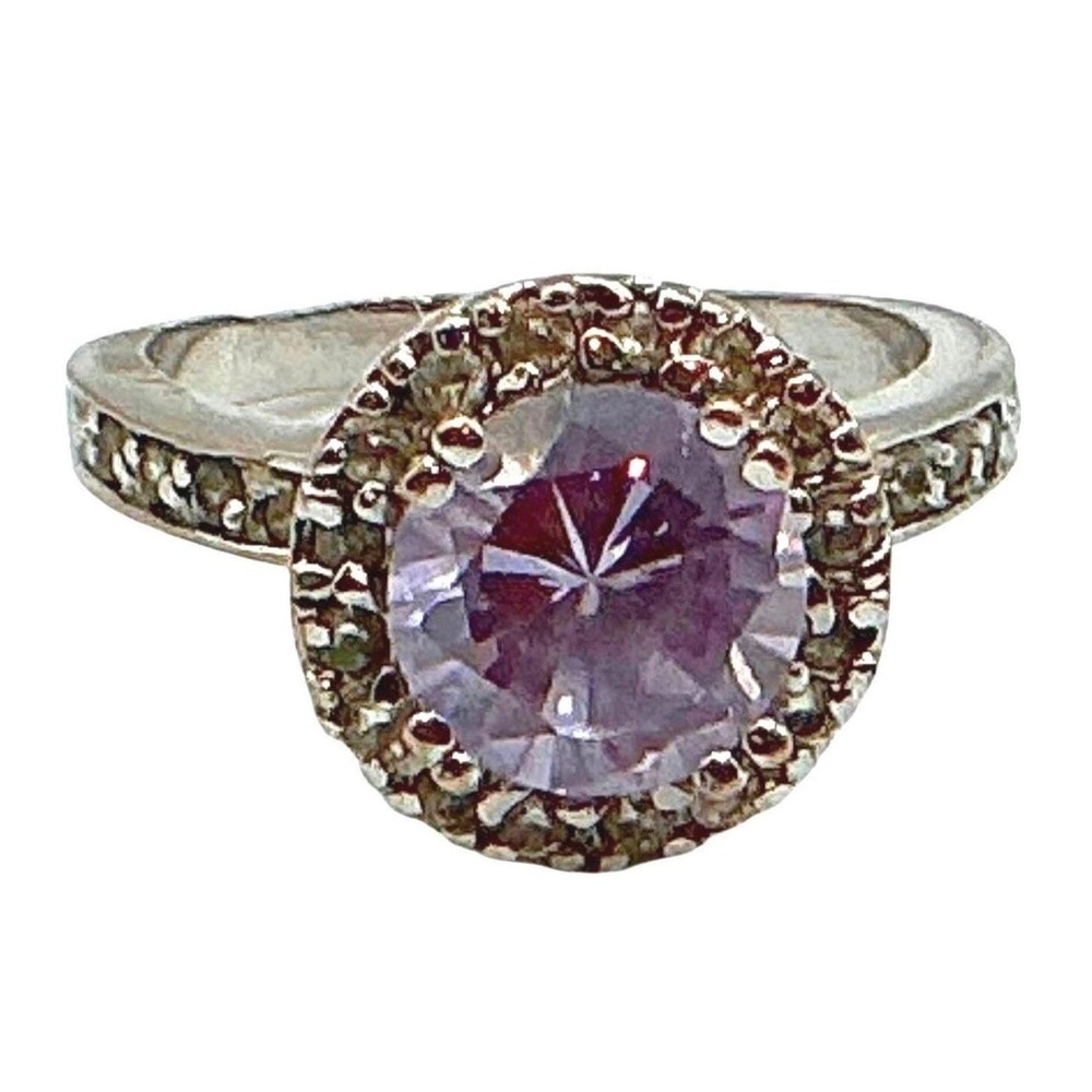 Lavender Halo Crystal Ring Size 5.75 Silver Tone Sparkling Statement
